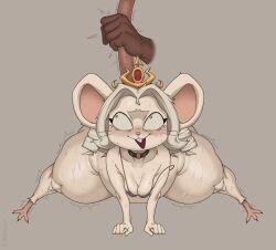 absurd_res all_fours ambiguous_gender anthro big_ears biped blush bra breasts buckteeth clothing collar crown duo female front_view fur hair hairless_tail headgear hi_res huge_thighs hyper hyper_thighs kryadrawgin mammal markings mole_(marking) mole_on_breast mouse murid murine raised_tail rodent tail teeth thick_thighs underwear whiskers white_body white_fur white_hair