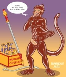 1boy abs animate_inanimate anthro balls biped boots box brown_fur clothing container cosplay costume costume_transformation dialogue english_text feet footwear genitals glistening glistening_body gradient_background haplorhine hornbuckle humanoid_genitalia humanoid_penis latex latex_clothing latex_skinsuit league_of_legends living_clothing male mammal monkey monkey_boy muscular muscular_male penis prehensile_feet primate shoes simple_background skinsuit solo speech_bubble staff stretching suit_transformation text tight_clothing toes transformation wukong yaoi zipper