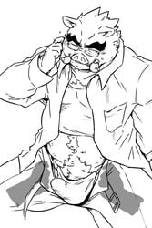 blush boar bulge clothing eyewear glasses male male_only mammal monochrome open_pants porcine simple_background tenting tetsuo_oshiba undressing white_background