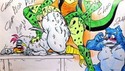 absurd_res anal android anthro ass avian big_butt bird canstraw cell_(dragon_ball) cockatiel cockatoo dragon_ball furniture group hi_res humanoid imperfect_cell king_furry leg_on_thigh machine male male/male on_table parrot plap questionable_consent robot sex shocked simon_(gotestar) table trio