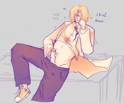 blonde_hair cock cracklin_(i.o.n) dick gay glasses humanization i.o.n jerking_off jimmy_crycek_(i.o.n) male masturbation nerd object_show object_shows one_leg_up penis solo