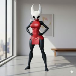 1girls 3d ai_generated black_body female hollow_knight hornet_(hollow_knight) looking_at_viewer red_clothing room
