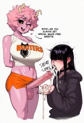 ai_generated ashido_mina black_hair cucumber_king cum cumshot cumshot_in_mouth emo futa_on_male futanari gay hooters hooters_uniform intersex male mina_ashido my_hero_academia novelai oc orgasm sissy swallowing_cum text