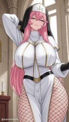 1girl ai_generated arm_behind_head arm_up belt black_belt black_gloves breasts candle church closed_mouth cowboy_shot cross cross_necklace dress fishnet_pantyhose fishnets gloves habit hair_between_eyes huge_breasts indoors jewelry large_breasts lilynette_piani long_hair long_sleeves looking_at_viewer necklace nun overlord_(maruyama) pantyhose pelvic_curtain pink_hair purple_eyes smile solo standing thighs very_long_hair white_dress window