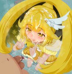 :p blonde_hair blush censored clothing cum cum_on_body cum_on_clothes cum_on_hair cum_on_lower_body cum_on_upper_body cure_peace double_v dress ejaculation facial female highres kneeling long_hair magical_girl precure pretty_cure pubic_hair roteri_(roteri_69) skirt smile smile_precure steam tongue v wrist_cuffs yayoi_kise yellow_dress yellow_eyes yellow_theme