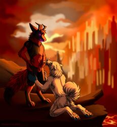 animal_genitalia anthro balls bodily_fluids canid canine corruptedfox cum duo fellatio fur genital_fluids genitals hi_res horn kneeling knot machine male male/male mammal masturbation oral pawpads penile protogen sex standing tail white_body white_fur