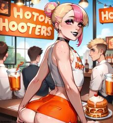ai_generated ass ass_focus beer butt_crack darkeffect femboy femboy_hooters flat_chest indoors looking_at_viewer looking_back male male_only meme meme_reference multiple_boys nipples_visible_through_clothing partially_clothed presenting presenting_hindquarters public trap