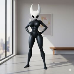 1girls 3d ai_generated black_body female hollow_knight hornet_(hollow_knight) looking_at_viewer nude_female red_clothing room