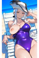1female 1girls 2026 ai_assisted ai_generated background beach beach_background beach_chair big_breasts bloodborne blush blushing_female breasts cleavage clothed clothing erect_nipples exposed_breasts female female_focus female_only fromsoftware green_eyes hard_nipples hat lady_maria_of_the_astral_clocktower large_breasts light-skinned_female light_skin long_hair lying lying_on_chair nipples ponytail pose posing public public_exposure public_indecency purple_swimsuit revealing_clothes smile smiling swimsuit thigh_clothes thigh_highs tricorne uncensored video_game video_game_character video_game_franchise video_games white_hair
