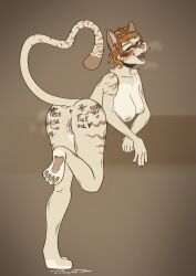 absurd_res anthro blush blush_lines bodily_fluids breasts claws cum cum_drip cum_in_vagina cum_inside cumsplatter domestic_cat dripping exposed_breasts felid feline felis female flustered free_use fur genital_fluids green_eyes happy hi_res lube lube_drip mammal marker pawpads paws pentalgon pussy solo steam steamy_breath tan_body tan_fur