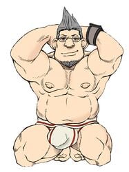 1boy bara beard color glasses gray_hair jockstrap knack kneeling looking_at_viewer male male_focus male_only older presenting savage short_hair solo solo_focus solo_male topless white_background