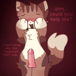 1:1 anthro blush blush_lines bodily_fluids brown_body brown_fur covering covering_face cum dripping ejaculation embarrassed erection femboy fluffy fluffy_tail flustered fur genital_fluids genitals hi_res humanoid_genitalia humanoid_penis inviting inviting_to_sex kemono male penis precum precum_drip requesting sex_request solark1tty solo tail