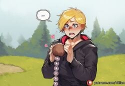 tillian ai_generated rwby jaune_arc 1boy blonde_hair male_focus blue_eyes sex_toy hood blush anal_beads outdoors heart solo hoodie open_mouth tree short_hair holding patreon_logo black_hoodie patreon_username