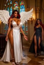 30_seconds ai_generated angel angel_wings animated big_breasts brown_hair burning chained church church_interior clothes_removed dark_hair dark_skin demon demon_girl demon_horns erotic grok grok_imagine groping groping_breasts realistic tagme video