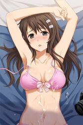 1girls armpits blush bra breasts brown_hair camera cleavage collarbone cum cum_on_body female hair_ornament long_hair looking_at_viewer mound_of_venus navel niimi_haruka niimi_haruka_(photokano) open_mouth photokano shian_(my_lonly_life.) solo underwear