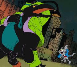 2025 anthro avian beak belly big_belly bird black_body black_feathers bob-jiggles bottomless camera car chasing city city_background clothed clothing corvid corvus_(genus) crow domestic_cat duke_(fritz_the_cat) feathers felid feline felis fritz_the_cat fritz_the_cat_(character) fur genitals grey_body grey_fur hat headgear headwear hi_res holding_camera holding_necktie holding_object humanoid_genitalia humanoid_penis male mammal medium_truck necktie oscine passerine penis shirt solo spats street_lamp striped_body striped_fur stripes suit topwear truck van vehicle yellow_sclera