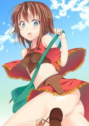 amy_(suisei_no_gargantia) backpack bag bare_shoulders blush breasts brown_hair cloud female fringe green_eyes ise looking_back open_mouth panties sandals short_hair skirt sky solo suisei_no_gargantia