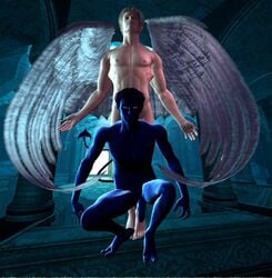 2boys 3d 3d_(artwork) angel blue_hair blue_skin chup@cabra kurt_wagner male male_only marvel marvel_comics multiple_boys nightcrawler nude penis uncensored warren_worthington wings x-men yaoi yellow_eyes