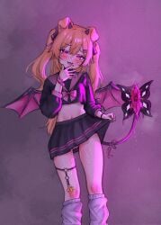 1girls :3 alternate_costume animal_ears bat_wings black_horns black_ribbon black_serafuku black_shirt black_skirt black_thighlet blonde_hair blush borzoii breasts cameltoe cerbervt clothes_lift crop_top crop_top_overhang cross cross_potent demon_horns demon_tail dog_ears dog_girl dripping eyelashes facial_mark feet_out_of_frame female female_only hair_between_eyes hair_ribbon hair_tie_on_wrist half-closed_eyes hand_on_own_chin head_tilt heart heart_facial_mark heart_o-ring highres horns indie_virtual_youtuber kneehighs lifting_own_clothes long_hair long_sleeves looking_at_viewer loose_socks midriff miniskirt monster_girl navel o-ring open_mouth panties pborzoi pink_light pink_panties pink_ribbon pink_sailor_collar pink_scrunchie pleated_skirt purple_background purple_eyes pussy_juice raised_inner_eyebrows ribbon sailor_collar school_uniform scrunchie serafuku shade shirt sidelighting skirt skirt_lift small_breasts socks solo standing tail tail_ornament tail_pussy tail_ribbon tongue two_side_up underwear very_long_hair virtual_youtuber white_socks wings wrist_scrunchie