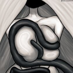 black_face boobjob breast_grab breast_squeeze breast_squish breasts dehromansfw faceless female grand_mother_silk hands_tied hollow_knight hollow_knight:_silksong hollow_knight_(franchise) huge_breasts long_hair shade_lord shiny_skin squeezing_breast tentacle tentacle_sex titjob void_(hollow_knight) white_body white_hair