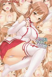 aincrad blush breasts brown_eyes brown_hair cameltoe cover cover_page detached_sleeves doujin_cover erect_nipples facial female highres knights_of_the_blood long_hair lying menyoujan nipples no_shoes nude on_side open_mouth panties saliva skirt smile sweat sword_art_online tear thighhighs underwear white_legwear wink yuuki_asuna