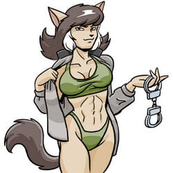 abs animal_ears bikini breasts carelessdoodler cat_ears cat_tail felina_feral female furry handcuffs large_breasts solo swat_kats tail undressing white_background