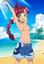 ai_generated beach_background chloe_(pokemon) female lifting_arms looking_at_viewer tongue_out topless trunks_(clothing)