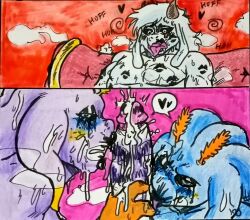anthro aquatic_gastropod bodily_fluids boss_monster_(undertale) bovid breath canstraw caprine cum ejaculation gastropod genital_fluids genitals goat group hi_res kiss_mark kissing looking_at_viewer lyru_dreemurr male male/male mammal marine mollusk nudibranch overwhelmed panting penis penis_kissing puwa sea_slug slug trio