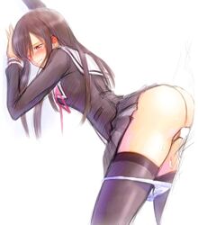 amamiya_sayuri bent_over black_hair blush bonnie_(rsg) clothed_sex faceless_male long_hair panty_pull pussy school_uniform sex thighhighs tokimeki_memorial tokimeki_memorial_online uncensored vaginal_penetration