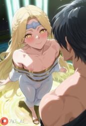 2boys ai_generated bandai_namco blonde_hair elden_ring exposed_nipples fai_ai_ femboy femboydom fromsoftware long_hair looking_at_partner male miquella miquella_the_kind otoko_no_ko skinny slender_body slender_waist standing white_dress yaoi