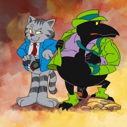 1:1 2025 abstract_background anthro avian balls beak belly big_belly bird black_body black_feathers bob-jiggles bottomless camera clothed clothing corvid corvus_(genus) crow domestic_cat duke_(fritz_the_cat) feathers felid feline felis fritz_the_cat fritz_the_cat_(character) fur genitals grey_body grey_fur hi_res holding_camera holding_object humanoid_genitalia humanoid_penis looking_at_another male mammal necktie object_in_mouth oscine passerine penis shirt smile solo spats striped_body striped_fur stripes suit topwear undressing vein veiny_penis yellow_sclera