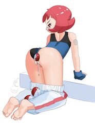 all_fours anal anal_insertion ass bandaid barefoot drawfag fingerless_gloves gloves gym_leader human human_only leotard leotard_aside looking_back lube maylene_(pokemon) nintendo pants_pull pink_eyes pink_hair poke_ball poke_ball_insertion pokemon pokemon_dppt red_hair short_hair short_pink_hair soles solo young