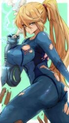 arm_cannon big_ass big_breasts blonde_hair metroid ponytail samus_aran torn_bodysuit zero_suit_samus