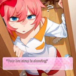 1girls bags_under_eyes blue_eyes bra_strap_is_showing_(meme) confused confusion doki_doki_literature_club door door_frame doorway english_text hair_ornament hair_ribbon khyleri looking_at_viewer pink_hair point_of_view pov question_mark red_ribbon rope sayori_(doki_doki_literature_club) shirt shoes shoes_removed shorts solo speaking step stool tagme talking text text_box
