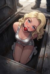 1girls 2d ai_generated arms_behind_back ball_gag ballgag big_breasts blonde blonde_female blonde_hair blue_eyes bondage boots busty hands_behind_back in_container kneeling long_hair looking_at_viewer shiny_clothes shiny_clothing shorts tanktop tight_clothing wavy_hair white_skin
