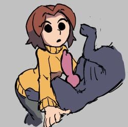 2d black_eyes brown_hair canine canine_on_human canine_penis clothing domestic_dog female_human/male_feral female_on_feral feral feral_on_female feral_on_human gummuru human_female human_on_feral imminent_bestiality imminent_sex interspecies knot light-skinned_female light_skin mii mii_gunner miitopia nintendo penis_awe surprised sweater tagme wide_eyed zoophilia