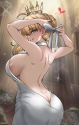 1girls ahoge artoria_pendragon artoria_pendragon_(fate) back_view big_ass blonde_female blonde_hair blush breasts crown fat_ass fate/grand_order fate_(series) green_eyes haxial huge_ass huge_breasts light-skinned_female looking_back lord_logres_(fate/grand_order) side_boob side_view smug smug_face sweating thick_thighs wide_hips