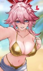 1girls animal_ears beach big_breasts bikini bikini_bottom bikini_top blush breasts breasts_out evanescia_(honkai:_star_rail) exposed_breasts female golden_bikini golden_week haxial honkai:_star_rail honkai_(series) hoyoverse large_breasts long_hair mihoyo pink_hair playful pulling_bikini_string smug smug_grin