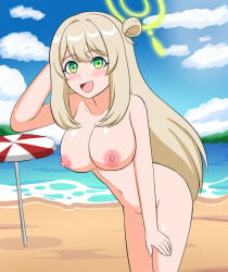 1girls beach big_breasts blonde_hair blue_archive breasts breasts_out busty female female_only green_eyes hair_bun halo nonomi_(blue_archive) nude open_mouth smile tits tits_out zenostriker