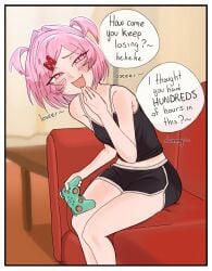 1girl absurd_res absurd_resolution absurdres adorable background bare_shoulders black_shirt black_shorts couch covering_own_mouth ddlc doki_doki_literature_club english_text exspiravitbag feet_out_of_frame from_side hand_over_own_mouth hand_up handheld_game_console hi_res high_quality high_resolution highres holding holding_handheld_game_console jpg looking_at_viewer midriff natsuki_(doki_doki_literature_club) on_couch open_mouth pink_eyes pink_hair questionable serenity_forge shirt short_hair short_twintails shorts sitting sleeveless sleeveless_shirt solo speech_bubble team_salvato teasing thighs turning_head twintails