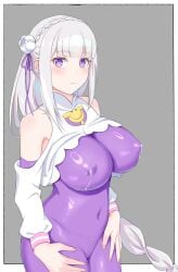 1girl absurdres bodysuit breasts commentary_request elf emilia_(re:zero) grey_background grey_hair hair_ornament highres impossible_bodysuit impossible_clothes impossible_leotard lactation lactation_through_clothes large_breasts leotard open_mouth pointy_ears purple_eyes re:zero_kara_hajimeru_isekai_seikatsu skin_tight solo songsong