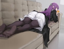 1girl black_pantyhose black_robe blush commentary couch donut dress eyelashes feet fern_(sousou_no_frieren) food foreshortening frieren_beyond_journey's_end from_behind full_body hair_ornament highres holding indoors legs long_hair long_sleeves looking_back lying meme no_shoes on_couch on_stomach pantyhose purple_eyes purple_hair robe soles solo sousou_no_frieren toes white_dress