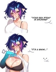 1girl ? absurdres averting_eyes bikini black_bikini breasts cleavage clothes_lift colored_tongue facial_mark green_hands green_tongue hair_between_eyes highres horns indie_virtual_youtuber large_breasts looking_at_viewer meme mole mole_on_breast multicolored_hair multiple_expressions open_mouth pink_streaks pointy_ears purple_eyes purple_hair shirt shirt_lift short_hair single_horn streaked_hair sulia suliavtuber swimsuit virtual_youtuber white_background white_shirt your_bra_strap_is_showing_(meme)