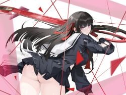 1girl absurdres arm_cutout ass black_choker black_hair black_jacket black_panties black_skirt blush breasts chisa_(wuthering_waves) choker closed_mouth clothing_cutout commentary_request hair_ribbon highres holding holding_sword holding_weapon jacket long_hair long_sleeves looking_at_viewer looking_back medium_breasts panties pantyshot red_eyes red_ribbon ribbon sailor_collar skirt solo sword thighs underwear upskirt variant_set weapon white_sailor_collar wuthering_waves