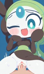 ai_generated artist_request blue_eyes cowgirl cowgirl_position cum cum_inside insemination meloetta pokemon shortstack