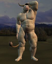 1boy 3d 5_toes abs balls biceps bovine cattle facial_hair goatee horn human_feet male male_only muscles nipples nude paws pecs penis pose presenting pubes skin solo standing vic34677