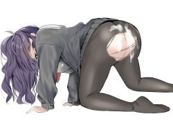 1girls asahina_mafuyu ass clothed cum cum_on_ass female ondore_anko pantyhose project_sekai purple_hair torn_pantyhose