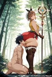 1boy 1girl ai_assisted ai_generated ass atelier_(series) atelier_ryza belt black_hair boots breasts brown_eyes brown_footwear brown_gloves brown_hair brown_legwear curvaceous curvy curvy_female curvy_figure female femdom gloves grass hair_ornament hairclip hat hetero holding jewelry large_breasts leather leather_boots leather_gloves looking_at_viewer miyuai nature necklace outdoors red_shorts reisalin_stout short_hair short_shorts shorts single_glove smile staff thick thick_ass thick_butt thick_hips thick_legs thick_thighs thigh_boots thighhighs thighs toeless_boots toes tree voluptuous voluptuous_female weapon white_headwear wide_hips wide_thighs