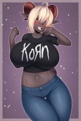 1girls antropomorph arm_up bare_midriff biting_finger blonde_hair blue_jeans blushing cleavage crop_top dark_skin demon_girl fangs female flexing gray_skin grin hand_in_mouth horns huge_breasts hyper_breasts jeshua_58 korn large_breasts looking_at_viewer midriff navel navel_piercing pointed_ears ram_horns red_eyes samantha_tailzkim short_hair smug solo succubus thick_thighs tight_jeans wide_hips