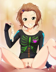 black_eyes blush bottomless breasts brown_hair censored clenched_teeth female hairclip happy_sex highres human idolmaster idolmaster_cinderella_girls legs looking_at_viewer male namba_emi no_panties panties penis pubic_hair pussy sex short_hair simple_background smile spread_legs straight thighs underwear vaginal_penetration white_panties